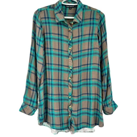 Tolani Collection Button Front Tunic With Printed Back Top Plaid Art To Wear XS - Picture 2 of 10